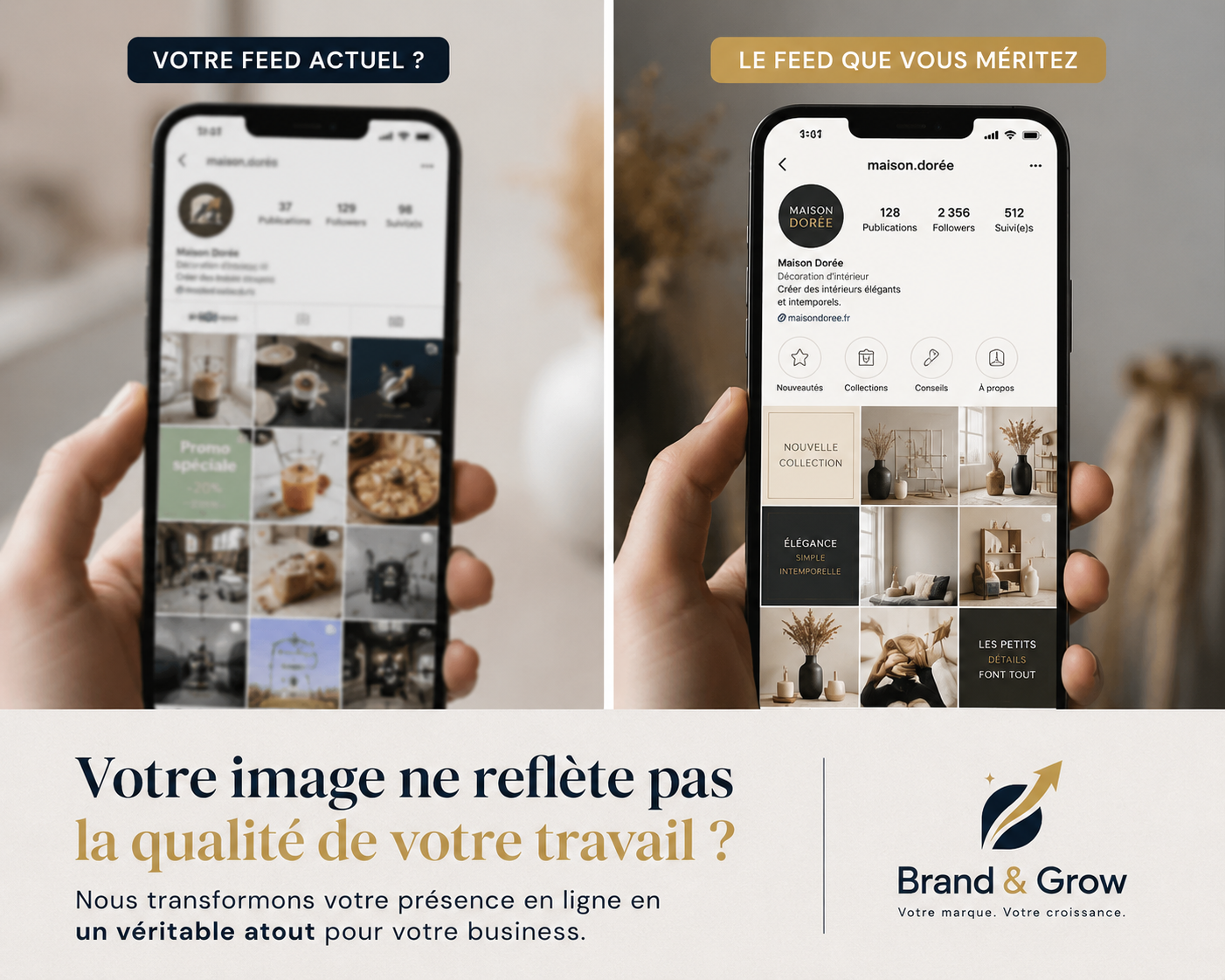 Avant / Après — feed Instagram professionnel vs amateur